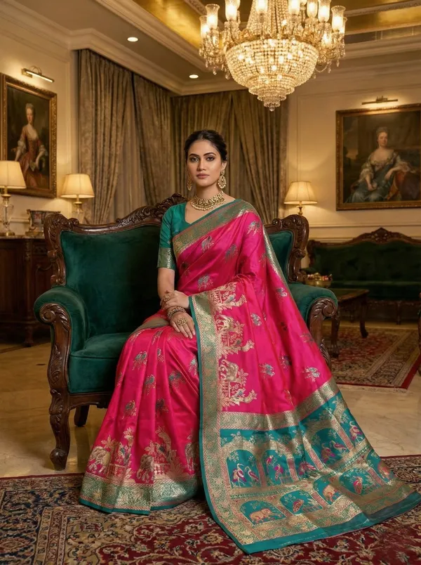 Regal_Rani_Pink_&_Teal_Banarasi_Satin_Silk_Saree_With_Elephant_And_Peacock_Zari_Weave