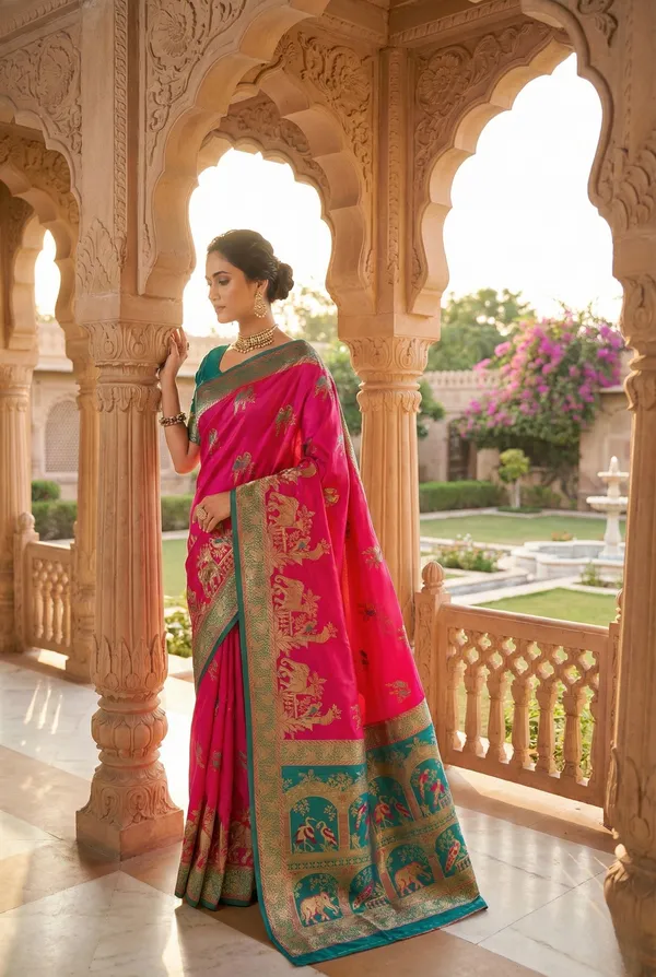 Regal_Rani_Pink_&_Teal_Banarasi_Satin_Silk_Saree_With_Elephant_And_Peacock_Zari_Weave