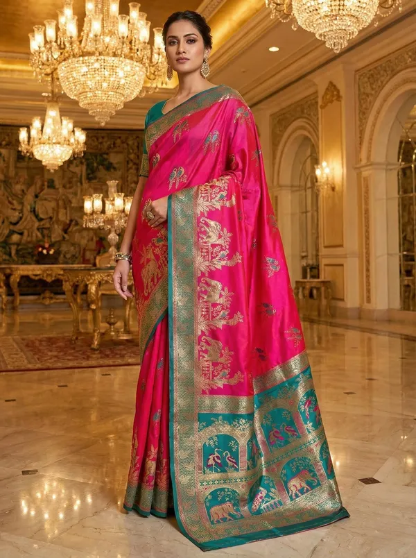 Regal_Rani_Pink_&_Teal_Banarasi_Satin_Silk_Saree_With_Elephant_And_Peacock_Zari_Weave