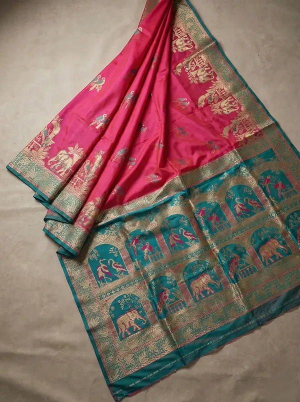 Regal_Rani_Pink_&_Teal_Banarasi_Satin_Silk_Saree_With_Elephant_And_Peacock_Zari_Weave