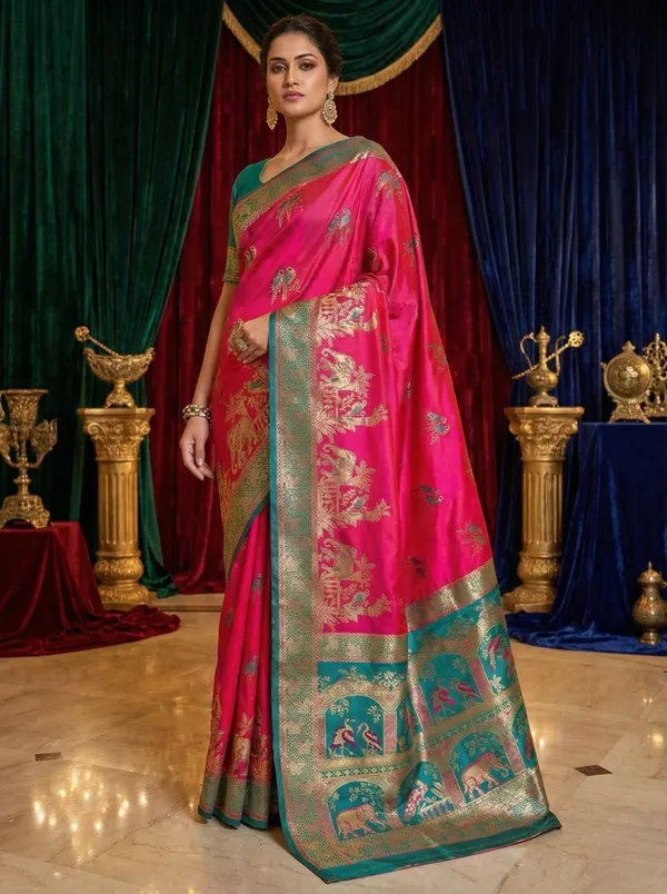 Regal_Rani_Pink_&_Teal_Banarasi_Satin_Silk_Saree_With_Elephant_And_Peacock_Zari_Weave