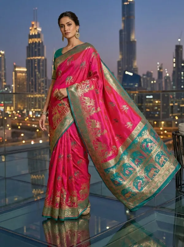 Regal_Rani_Pink_&_Teal_Banarasi_Satin_Silk_Saree_With_Elephant_And_Peacock_Zari_Weave