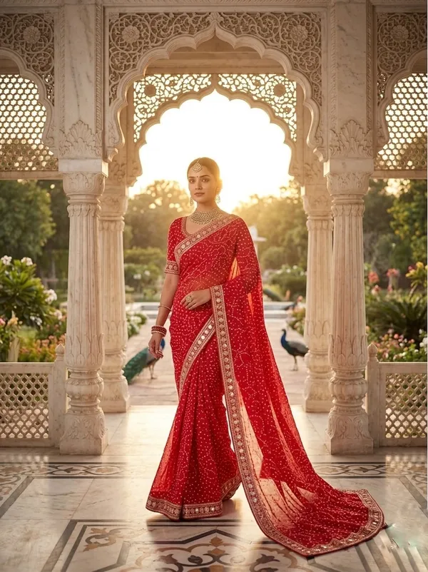 Regal_Crimson_Red_Embellished_Georgette_Saree_with_Ornate_Mirror-Work_Border