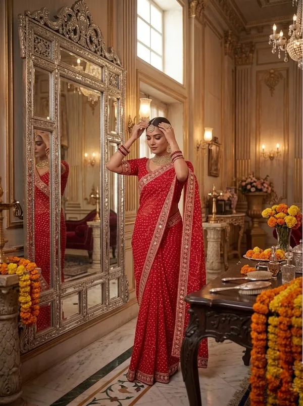 Regal_Crimson_Red_Embellished_Georgette_Saree_with_Ornate_Mirror-Work_Border
