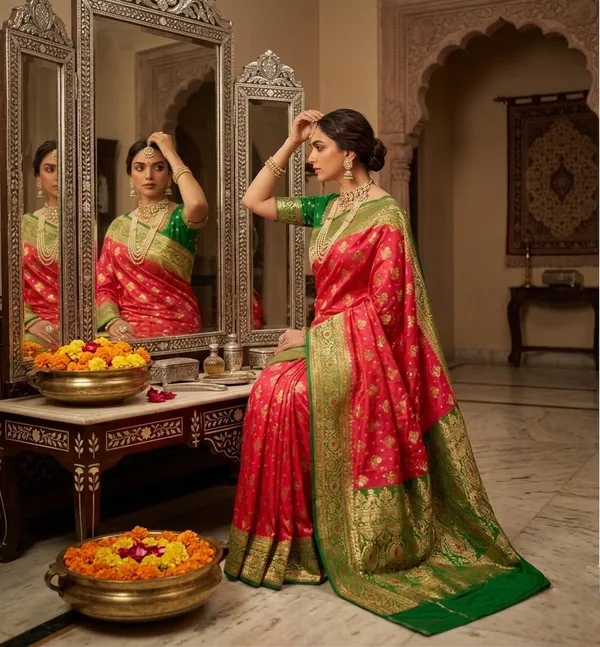Royal_Crimson_Red_Silk_Saree_with_Contrast_Emerald_Green_Zari_Border
