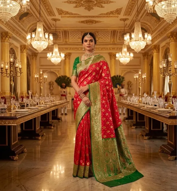 Royal_Crimson_Red_Silk_Saree_with_Contrast_Emerald_Green_Zari_Border