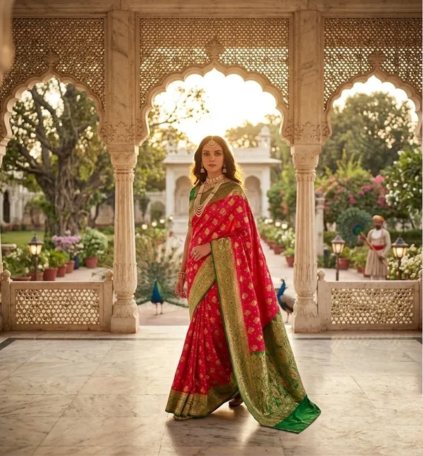 Royal_Crimson_Red_Silk_Saree_with_Contrast_Emerald_Green_Zari_Border
