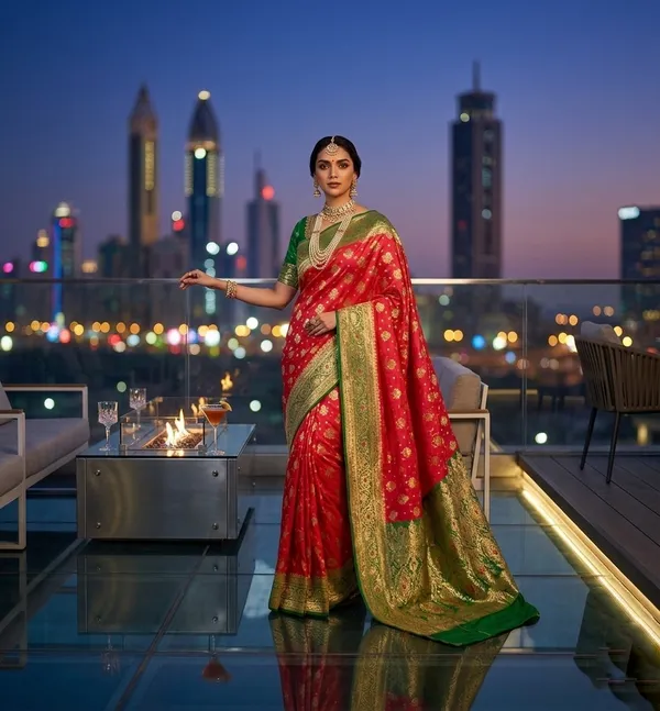 Royal_Crimson_Red_Silk_Saree_with_Contrast_Emerald_Green_Zari_Border
