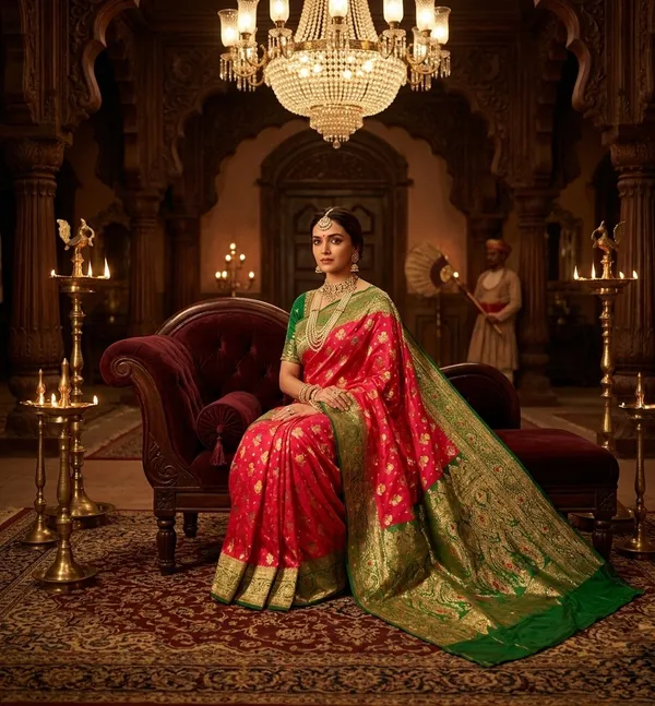 Royal_Crimson_Red_Silk_Saree_with_Contrast_Emerald_Green_Zari_Border