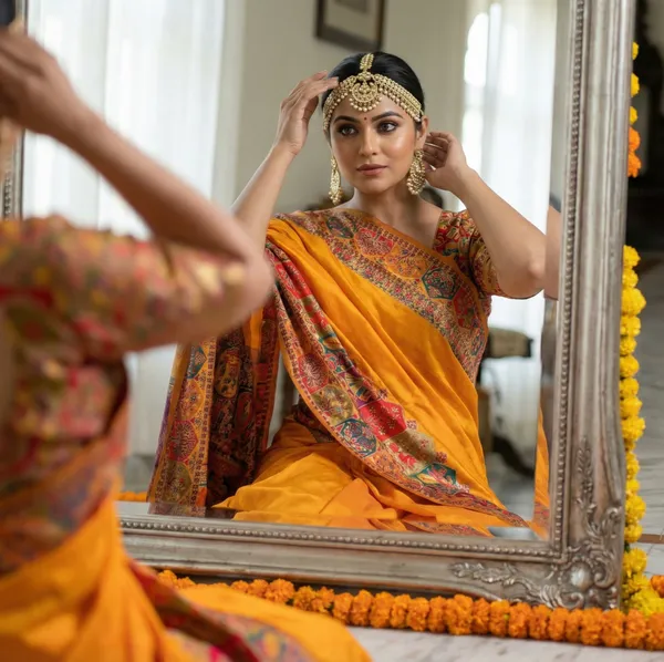 Traditional_Mustard_Yellow_Silk_Saree_with_Multi-Color_Meenakari_Work