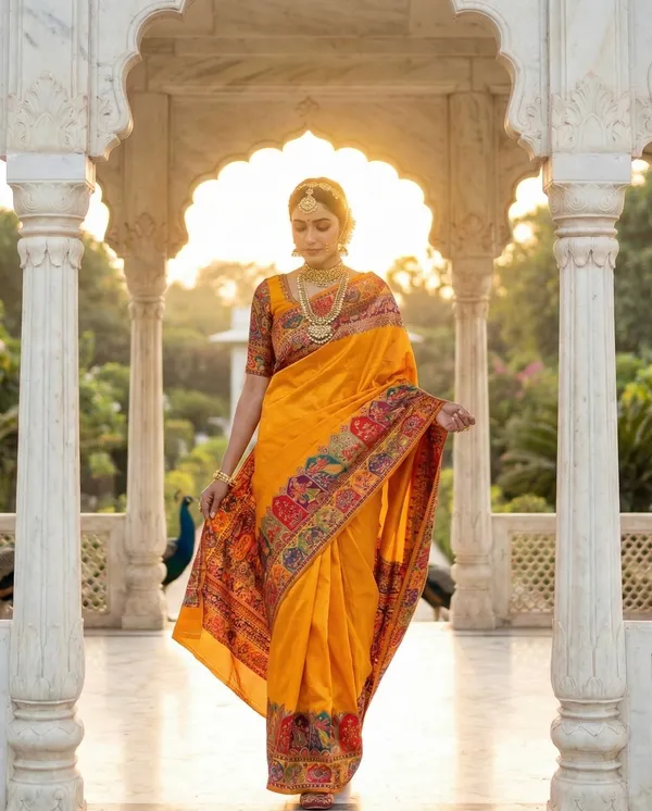 Traditional_Mustard_Yellow_Silk_Saree_with_Multi-Color_Meenakari_Work