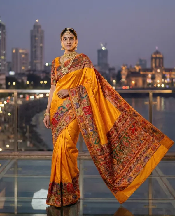 Traditional_Mustard_Yellow_Silk_Saree_with_Multi-Color_Meenakari_Work