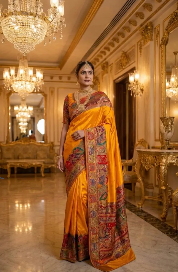 Traditional_Mustard_Yellow_Silk_Saree_with_Multi-Color_Meenakari_Work