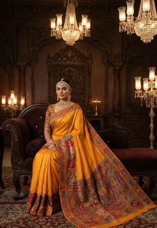 Traditional_Mustard_Yellow_Silk_Saree_with_Multi-Color_Meenakari_Work