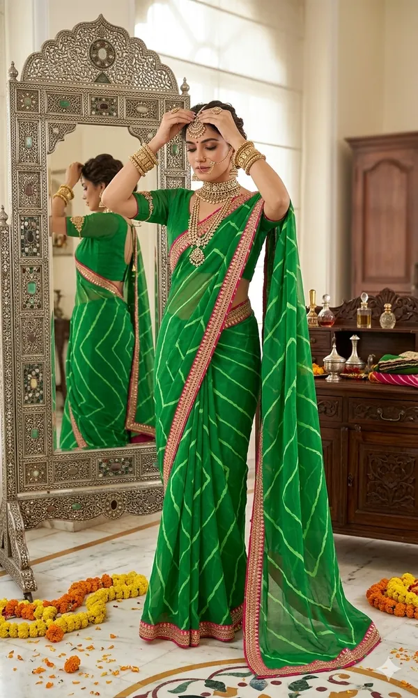 Vibrant_Emerald_Green_Geometric_Pattern_Saree_with_Contrast_Pink_Border