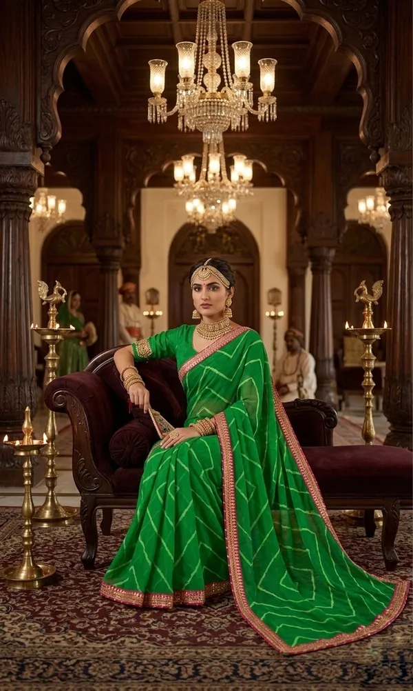 Vibrant_Emerald_Green_Geometric_Pattern_Saree_with_Contrast_Pink_Border