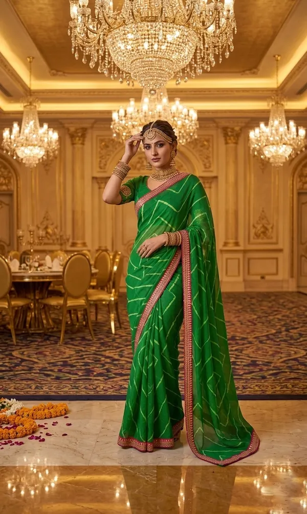 Vibrant_Emerald_Green_Geometric_Pattern_Saree_with_Contrast_Pink_Border
