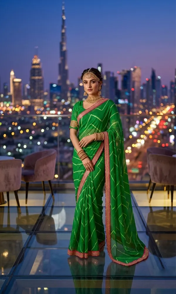 Vibrant_Emerald_Green_Geometric_Pattern_Saree_with_Contrast_Pink_Border
