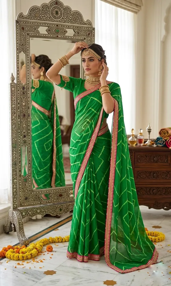 Vibrant_Emerald_Green_Geometric_Pattern_Saree_with_Contrast_Pink_Border