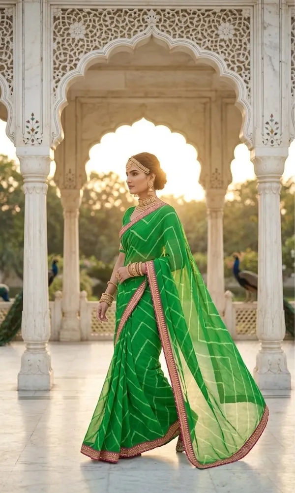 Vibrant_Emerald_Green_Geometric_Pattern_Saree_with_Contrast_Pink_Border