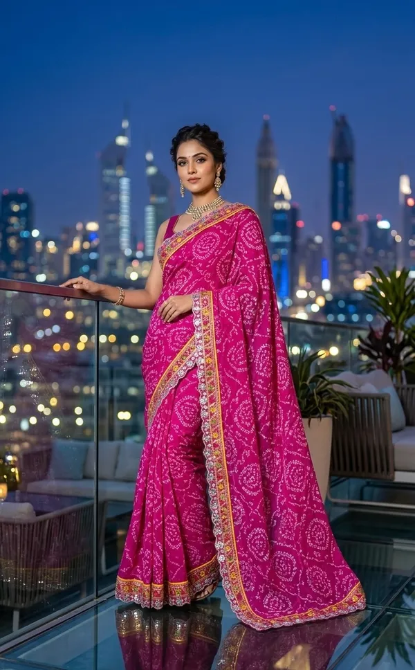 Vibrant_Pink_Bandhani_Saree_With_Glitter_Border