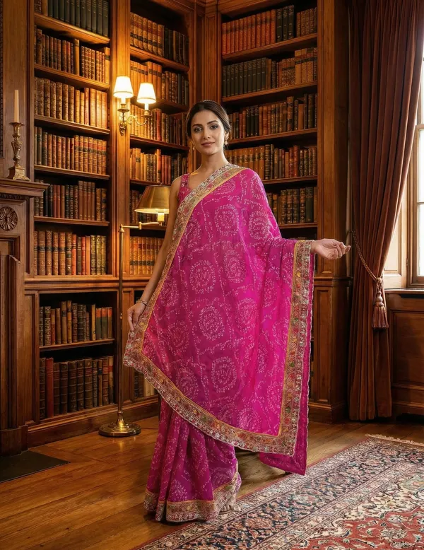 Vibrant_Pink_Bandhani_Saree_With_Glitter_Border