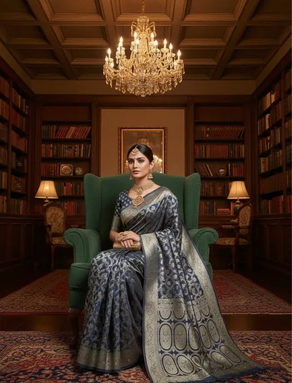 Elegant_Midnight_Blue_Banarasi_Silk_Saree_With_Antique_Zari