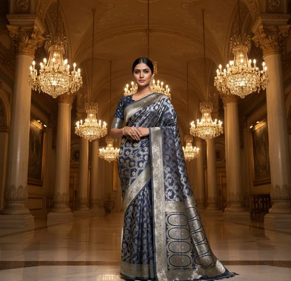 Elegant_Midnight_Blue_Banarasi_Silk_Saree_With_Antique_Zari