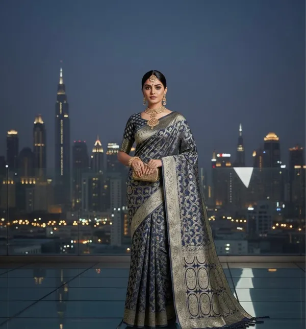 Elegant_Midnight_Blue_Banarasi_Silk_Saree_With_Antique_Zari