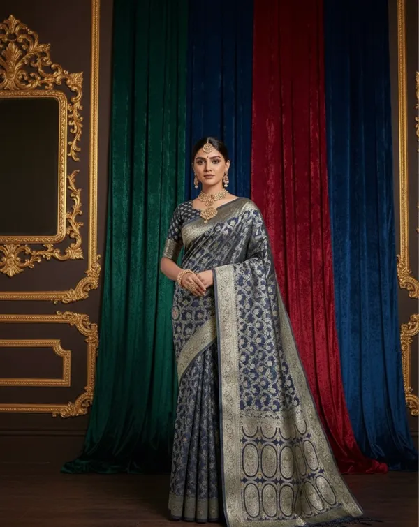 Elegant_Midnight_Blue_Banarasi_Silk_Saree_With_Antique_Zari