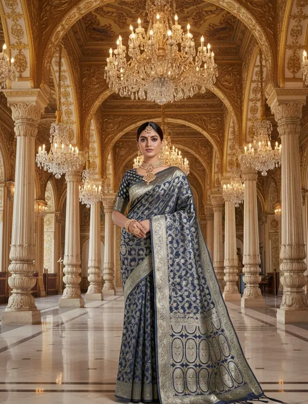 Elegant_Midnight_Blue_Banarasi_Silk_Saree_With_Antique_Zari