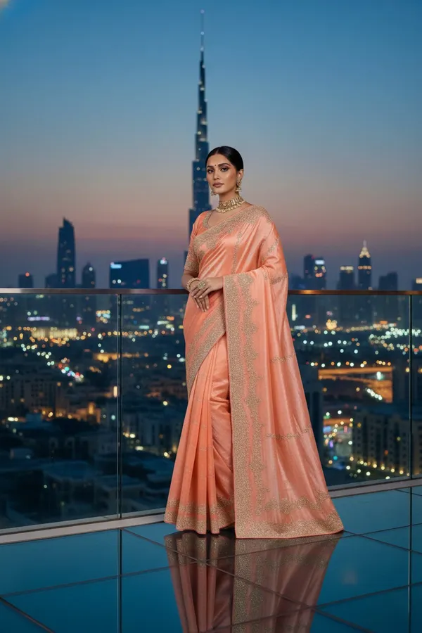 Peach_Texture_Crunchy_Saree_With_Silver_Zari_And_Stone_Work_Embroidery