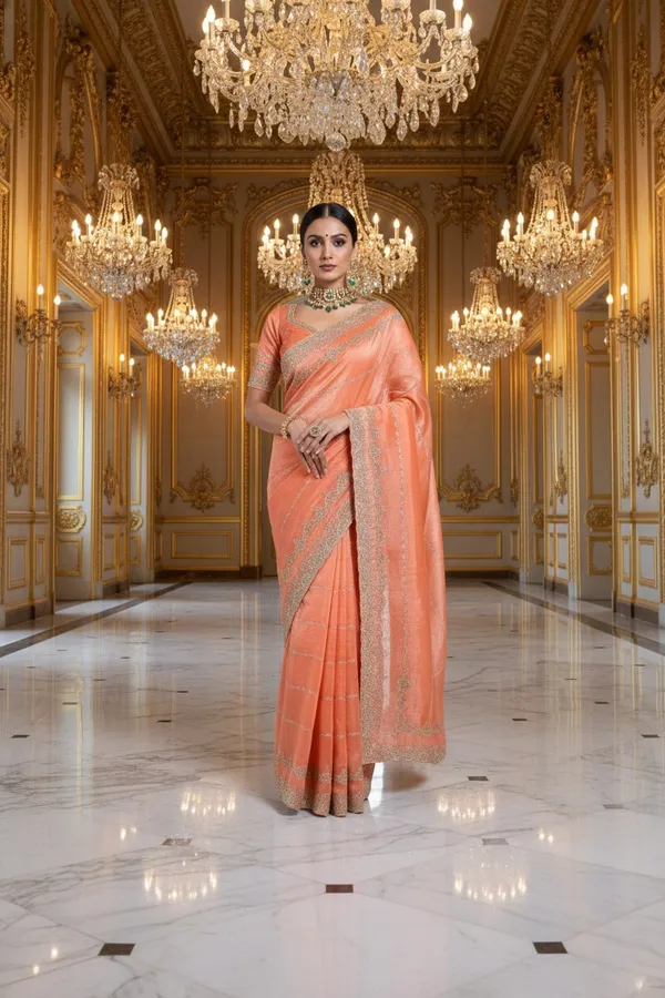 Peach_Texture_Crunchy_Saree_With_Silver_Zari_And_Stone_Work_Embroidery