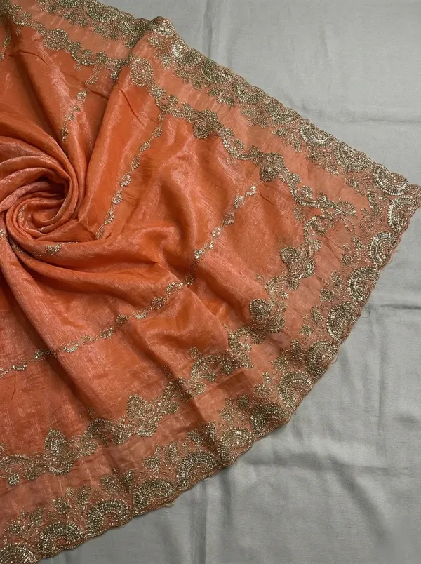 Peach_Texture_Crunchy_Saree_With_Silver_Zari_And_Stone_Work_Embroidery