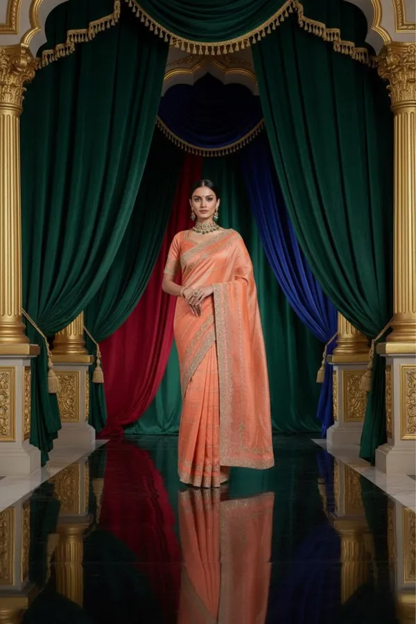 Peach_Texture_Crunchy_Saree_With_Silver_Zari_And_Stone_Work_Embroidery