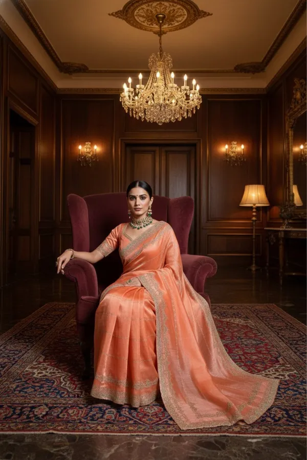 Peach_Texture_Crunchy_Saree_With_Silver_Zari_And_Stone_Work_Embroidery
