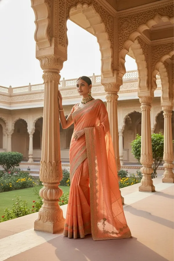 Peach_Texture_Crunchy_Saree_With_Silver_Zari_And_Stone_Work_Embroidery