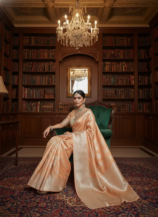 Regal_Peach_Lichi_Silk_Jacquard_Saree_With_Intricate_Silver_Zari_Weaving