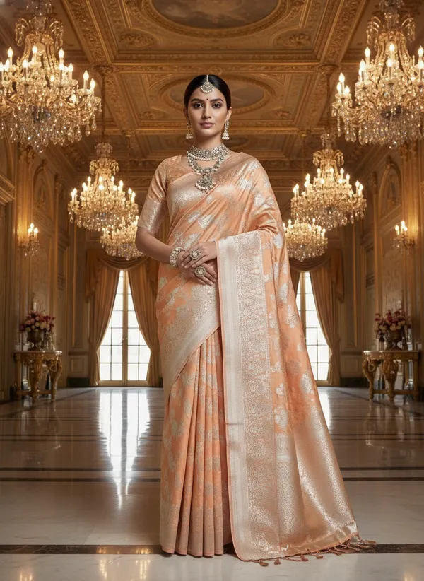 Regal_Peach_Lichi_Silk_Jacquard_Saree_With_Intricate_Silver_Zari_Weaving