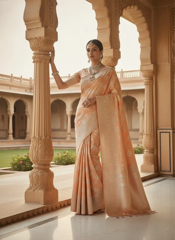 Regal_Peach_Lichi_Silk_Jacquard_Saree_With_Intricate_Silver_Zari_Weaving