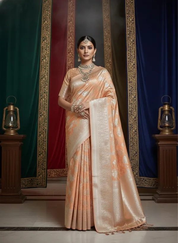 Regal_Peach_Lichi_Silk_Jacquard_Saree_With_Intricate_Silver_Zari_Weaving
