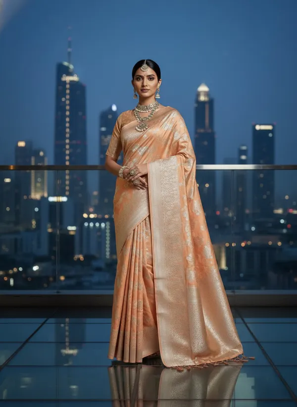 Regal_Peach_Lichi_Silk_Jacquard_Saree_With_Intricate_Silver_Zari_Weaving