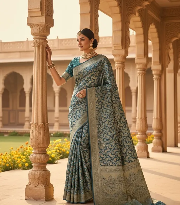 Peacock_Blue_Woven_Silk_Saree_With_Traditional_Gold_Motif_Work