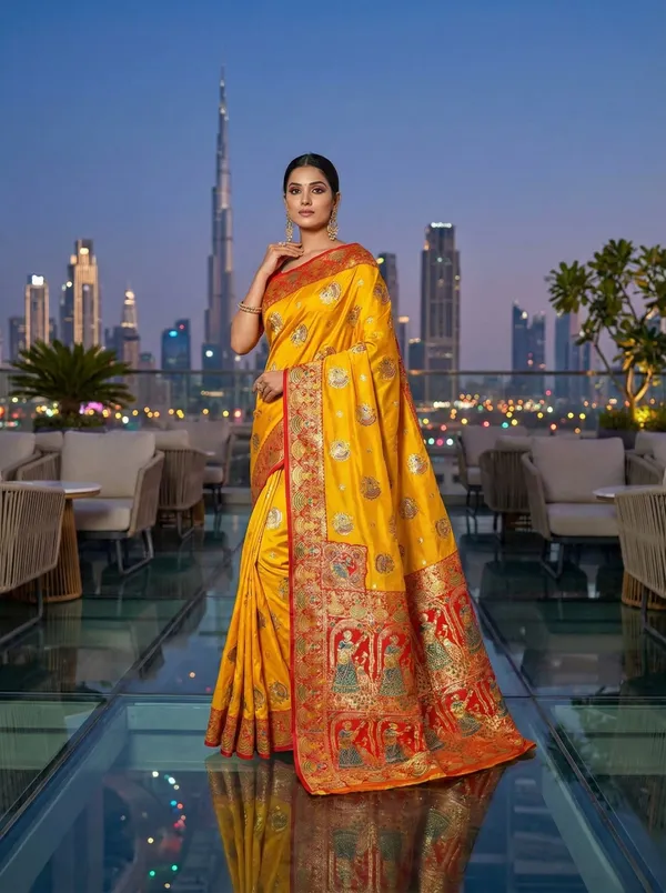 Yellow_And_Rich_Red_Banarasi_Satin_Silk_Saree_With_Rich_Zari_Weave