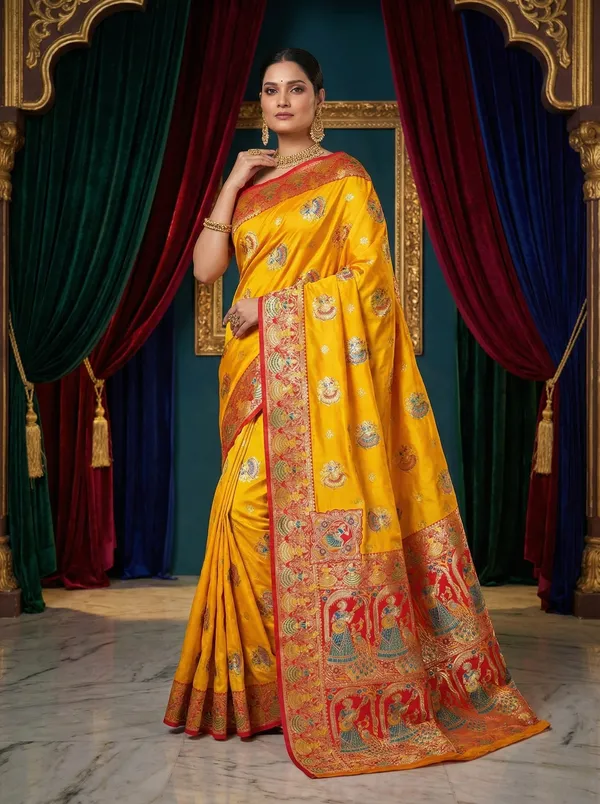 Yellow_And_Rich_Red_Banarasi_Satin_Silk_Saree_With_Rich_Zari_Weave