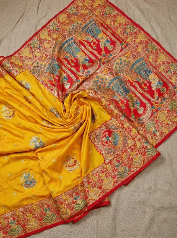 Yellow_And_Rich_Red_Banarasi_Satin_Silk_Saree_With_Rich_Zari_Weave