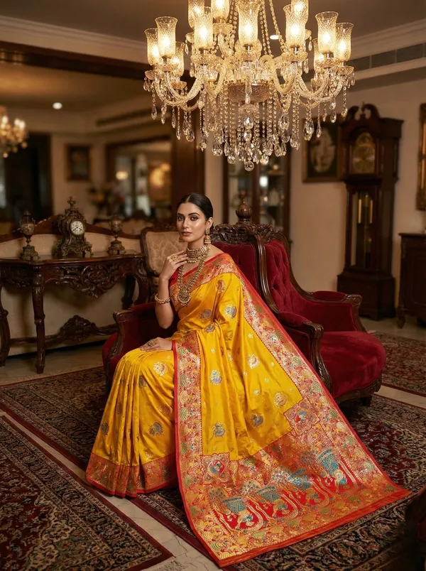 Yellow_And_Rich_Red_Banarasi_Satin_Silk_Saree_With_Rich_Zari_Weave