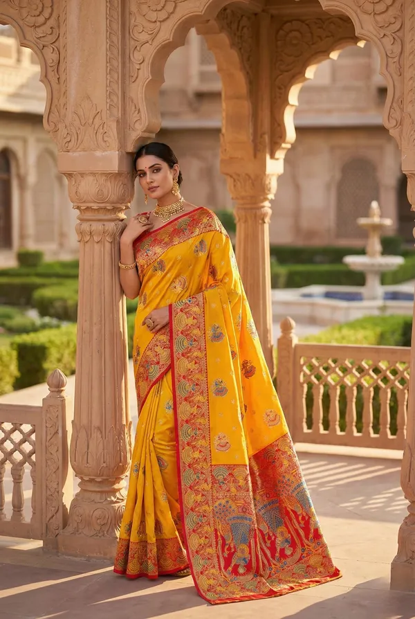 Yellow_And_Rich_Red_Banarasi_Satin_Silk_Saree_With_Rich_Zari_Weave