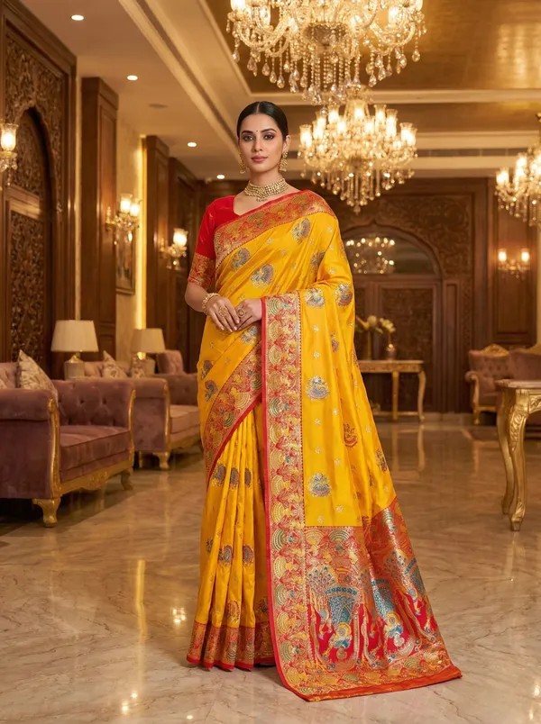 Yellow_And_Rich_Red_Banarasi_Satin_Silk_Saree_With_Rich_Zari_Weave