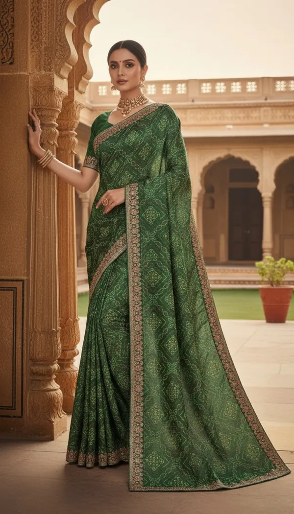 Forest_Green_Silk_Blend_Bandhani_Saree_With_Jacquard